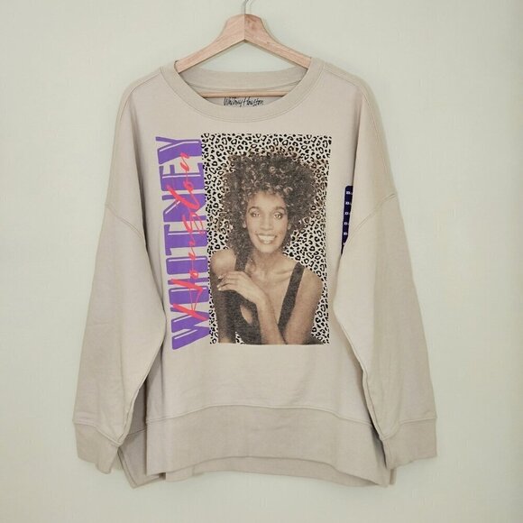 Whitney Houston Sweaters - Whitney Houston Sweatshirt Womens XXL Beige LS Fleece Inside Music Icon Boho NWT